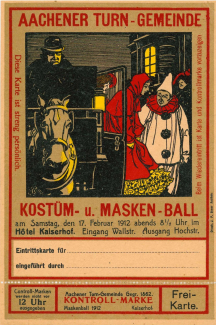 Eintrittskarte für Kostüm- und Maskenball der Aachener Turn-Gemeinde (ATG) am 17. Februar 1912 |  Copyright © Stadtarchiv Aachen.